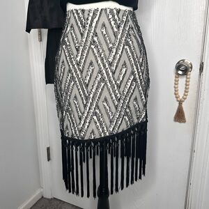Valentina Shah Black and White Geometric Fringe Skirt